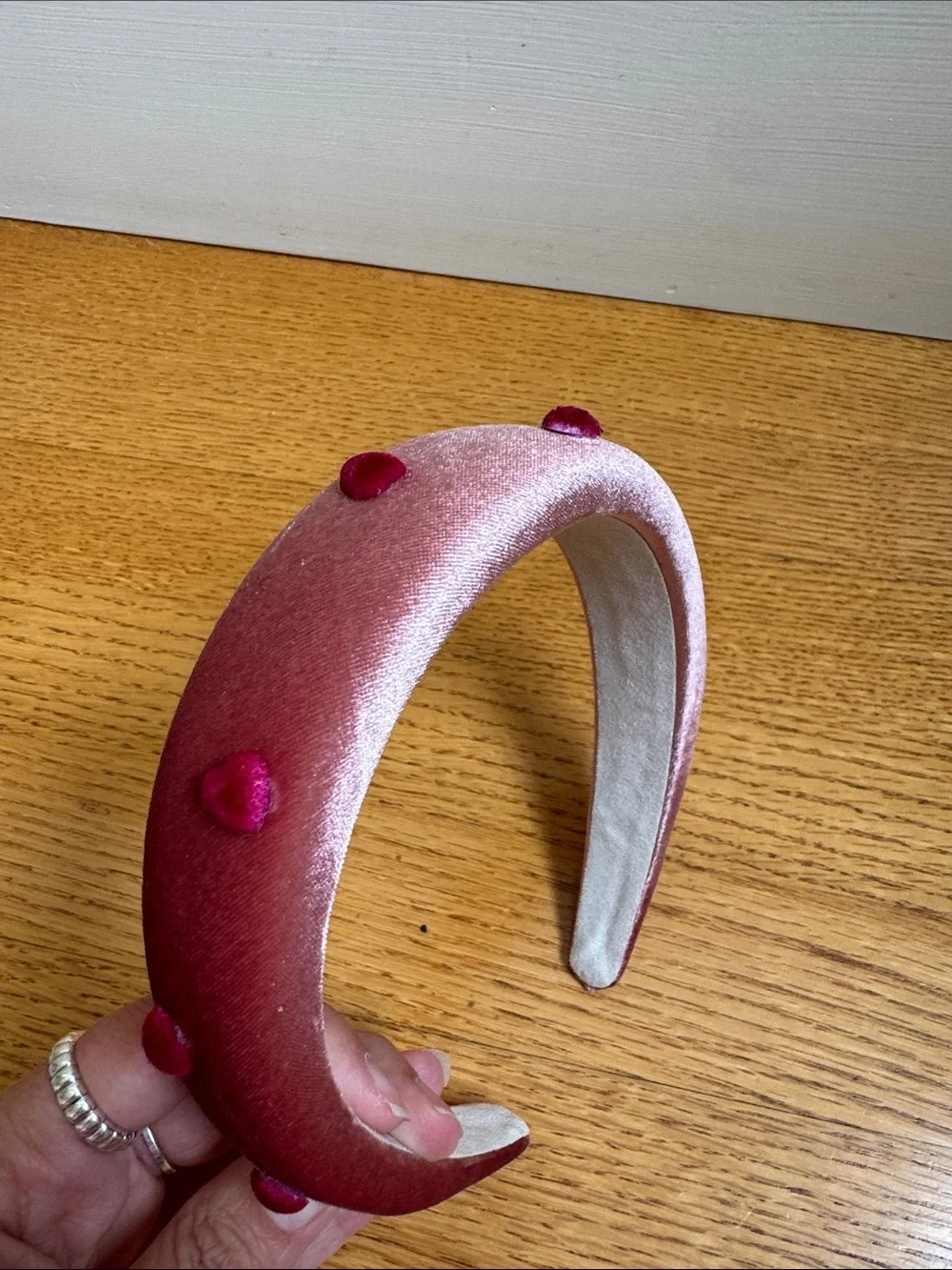 Pink Velvet Padded Headband with Heart Accents